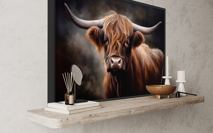 Dark Beautiful Highland Cow Framed Canvas Wall Art side view