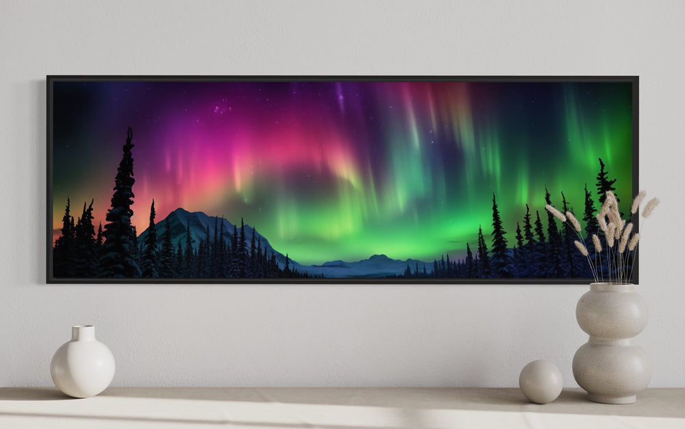 Aurora Borealis Long Horizontal Framed Canvas Wall Art close up