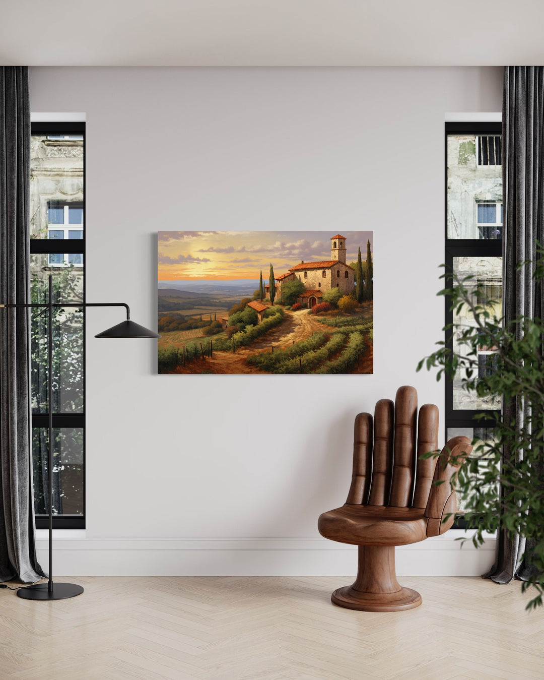 Rolling Hills Of Tuscany Italy Framed Canvas Wall Art in living room