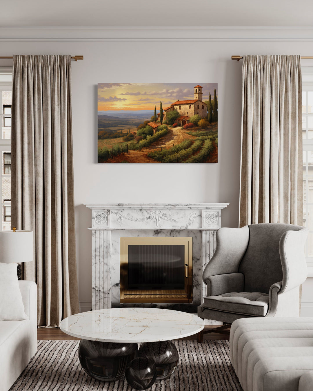 Rolling Hills Of Tuscany Italy Framed Canvas Wall Art above fireplace