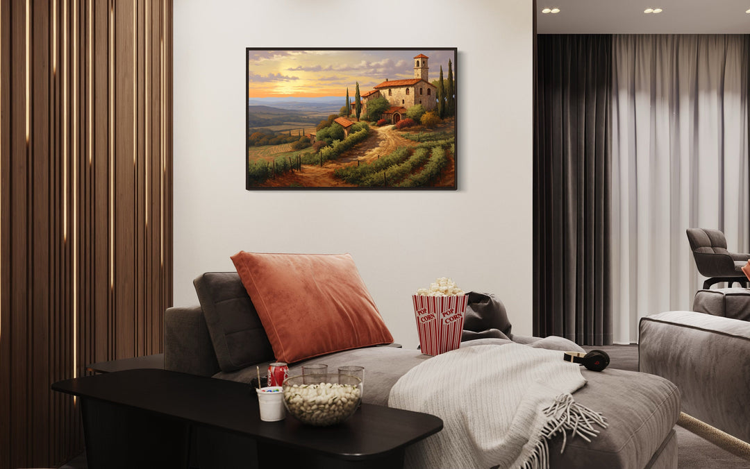 Rolling Hills Of Tuscany Italy Framed Canvas Wall Art in man cave