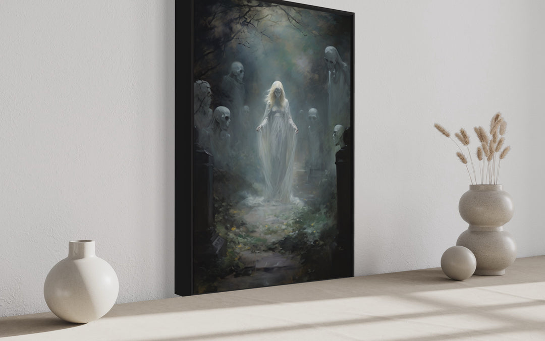 Ghost In The Cemetery Gothic Framed Canvas Wall Art side view