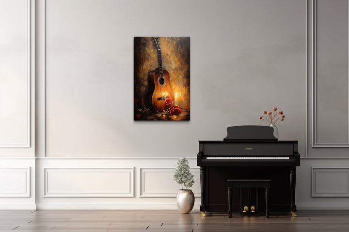 Candlelit Acoustic Guitar And Rose Framed Canvas Wall Art in music room