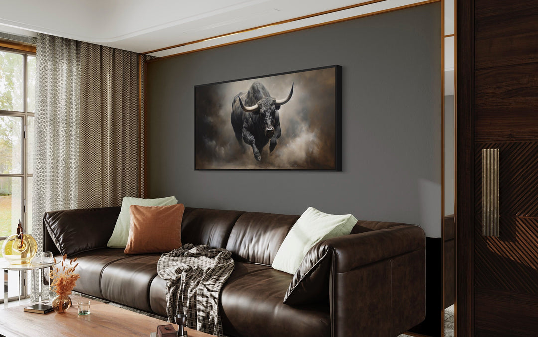Charging Bull Statement Wall Art For Men above brown couch