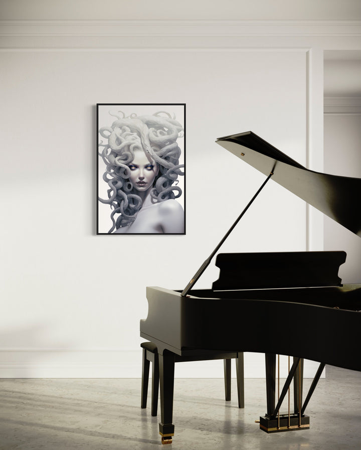 White Medusa Greek Gorgon Framed Canvas Wall Art in music room