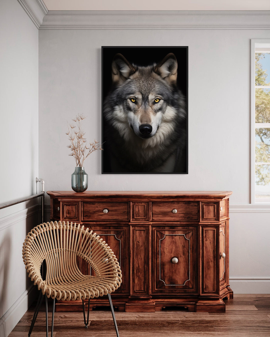 Wolf Photography Style Framed Canvas Wall Art in bedroom