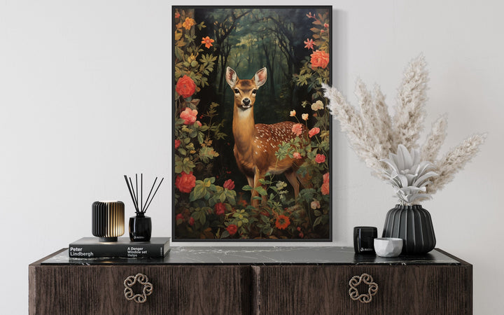 Fawn Baby Deer In The Forest Forestcore Framed Canvas Wall Art above table