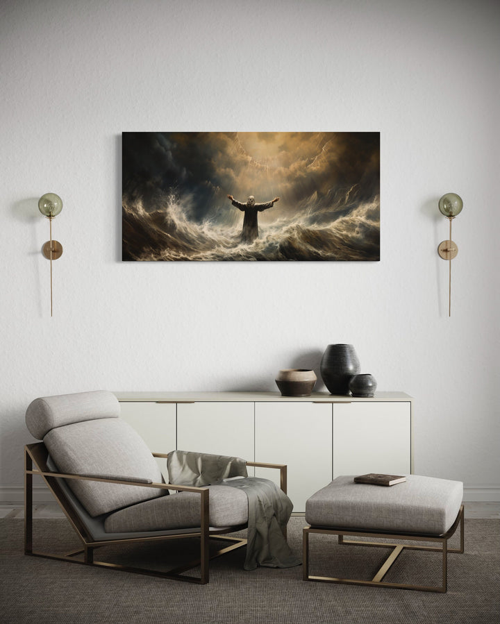 Moses Parting The Sea Framed Canvas Wall Art in living room