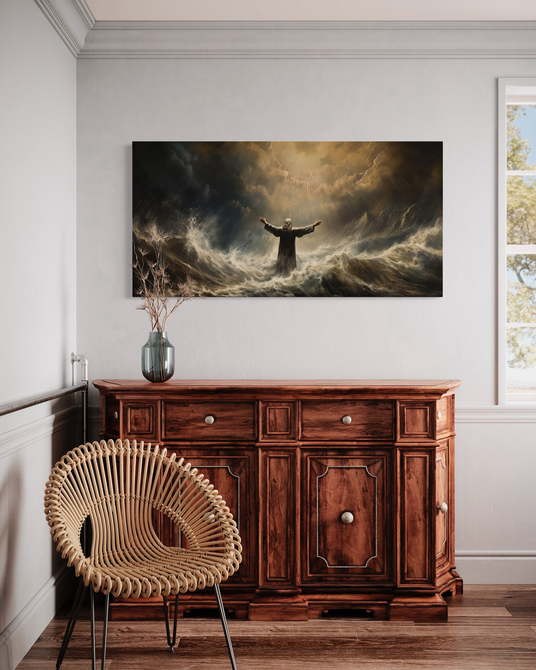 Moses Parting The Sea Framed Canvas Wall Art above dresser