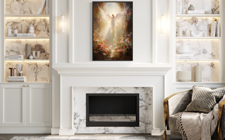 Angel in Heaven With Heavenly Light Christian Wall Art above fireplace