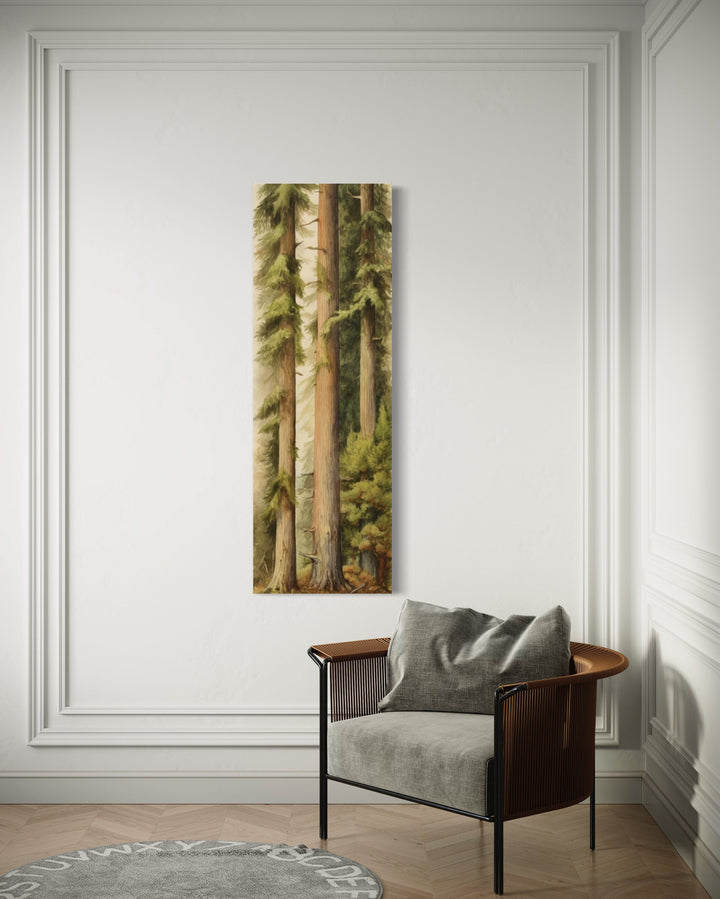 Tall Long Narrow Cabin Decor Watercolor Fir Trees Framed Canvas Wall Art behind armchair