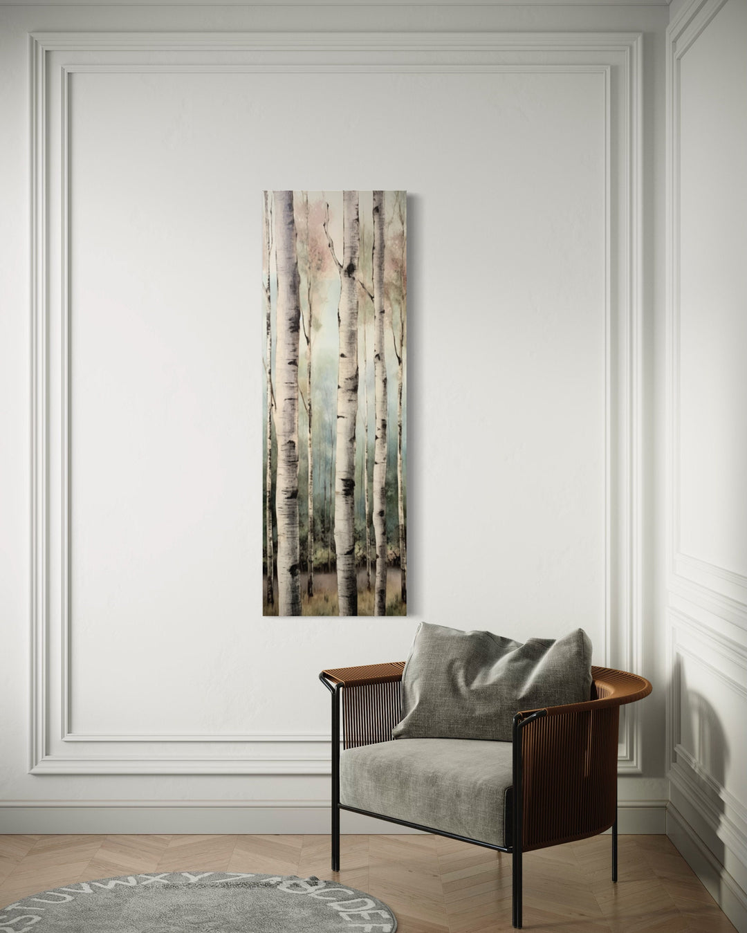 Long Narrow Vertical Watercolor Birch Trees Framed Canvas Wall Art