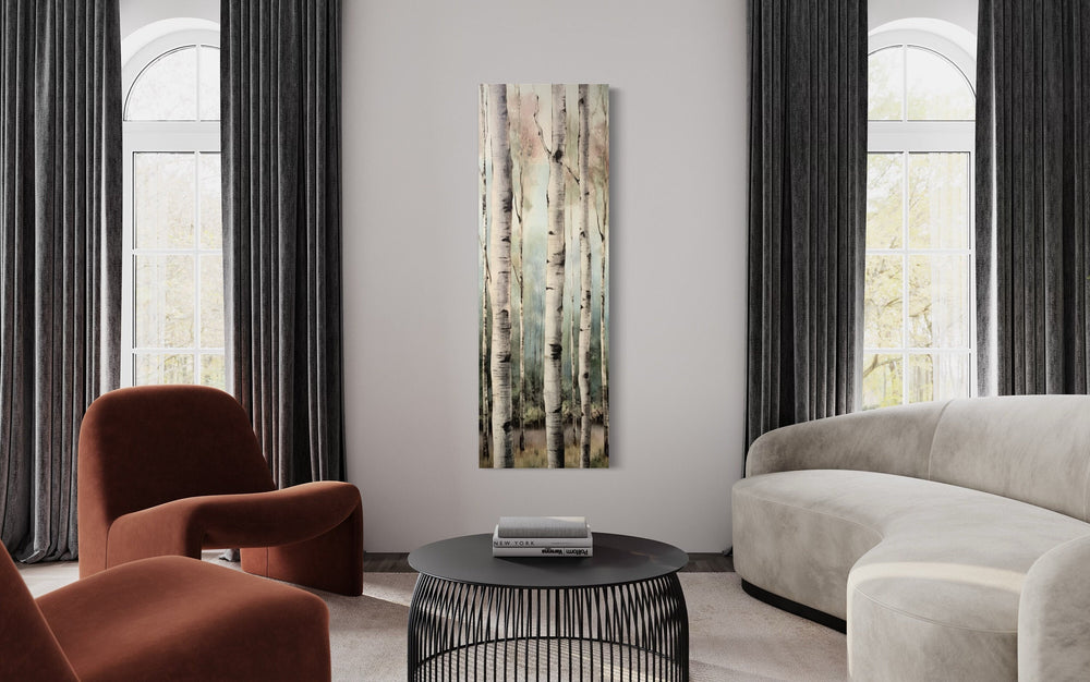Long Narrow Watercolor Birch Trees Framed Canvas Wall Art in living room