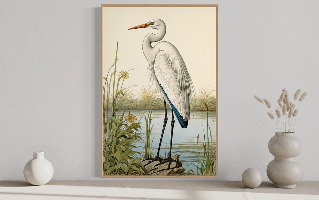Vintage Great Egret Painting Framed Canvas Wall Art