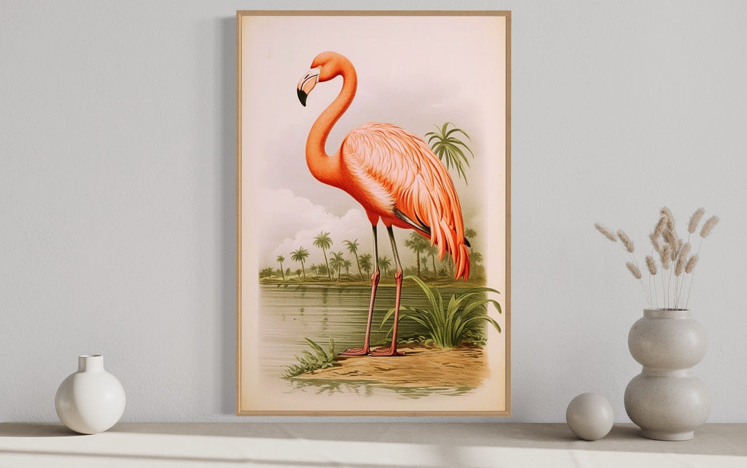 Vintage Pink Flamingo Painting Framed Canvas Wall Art