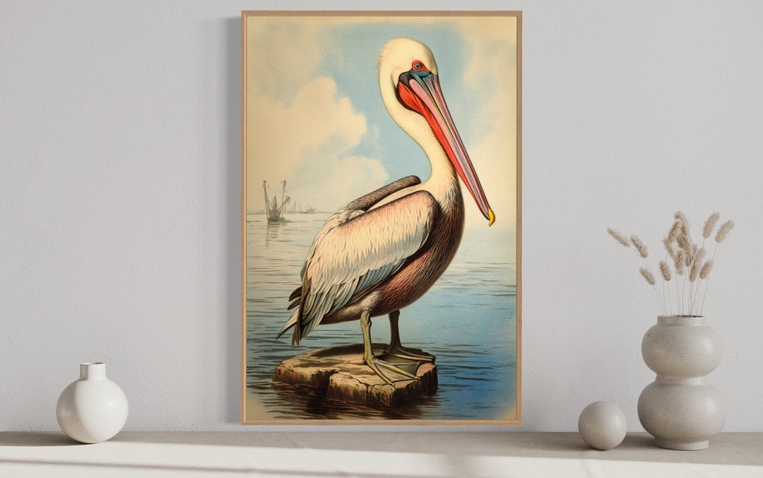 Pelican Watercolor Vintage Painting Framed Canvas Wall Art