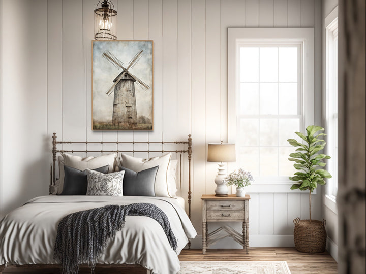 Rustic Old Windmill Painting Farmhouse Wall Decor above rustic bed
