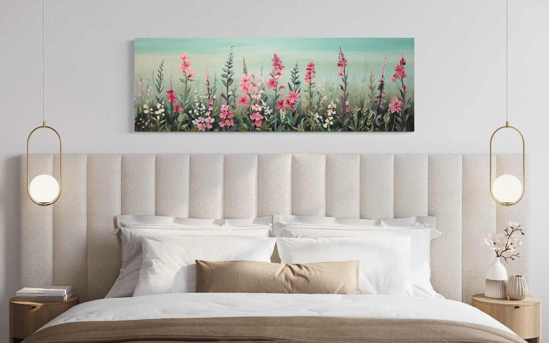 Green And Pink Wildflowers Field Panoramic Canvas Wall Art