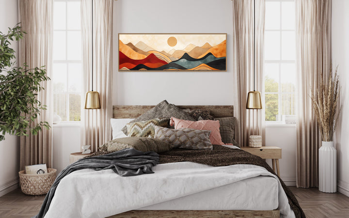 Mid Century Modern Long Horizontal Mountain Canvas Wall Art above bed