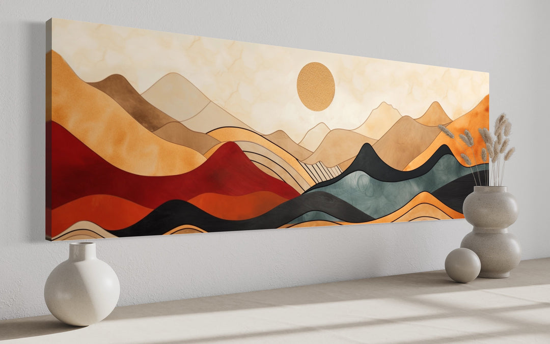 Mid Century Modern Long Horizontal Mountain Canvas Wall Art side view stretched