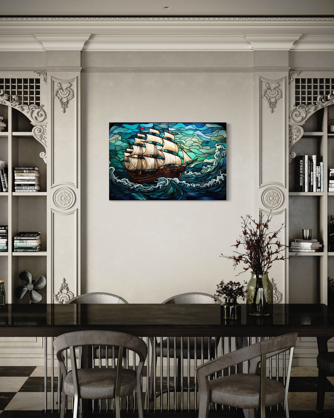 Stained Glass Style Pirate Ship Nautical Wall Art in modern dining room