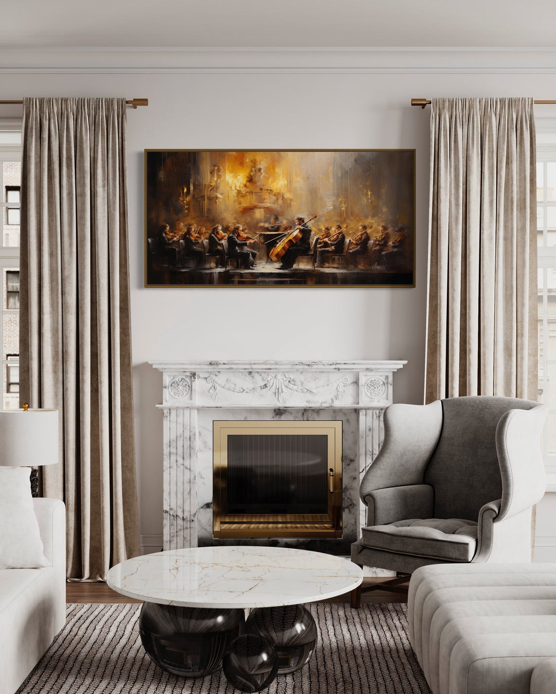 Abstract Orchestra Classical Music Framed Canvas Wall Art above fireplace