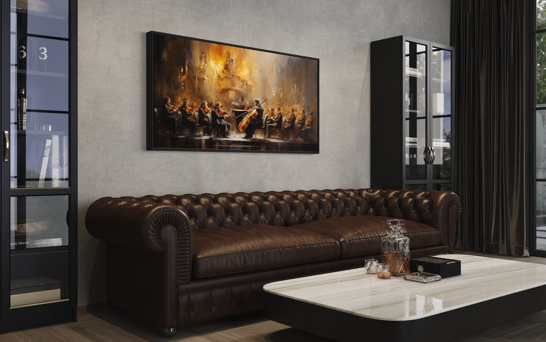 Abstract Orchestra Classical Music Framed Canvas Wall Art above brown couch