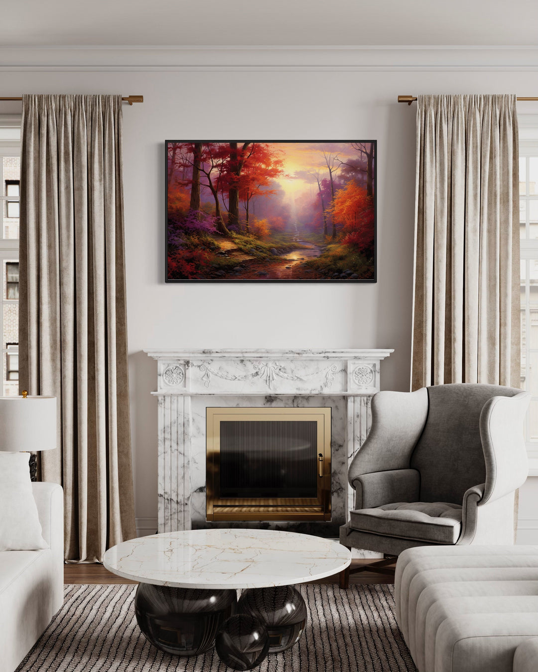 Autumn Forest Landscape Framed Canvas Wall Art in living room above fireplace