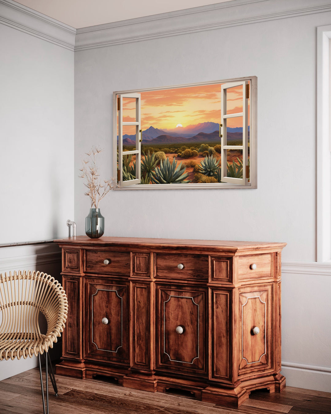 Arizona Desert Open Window Canvas Wall Art above wooden dresser