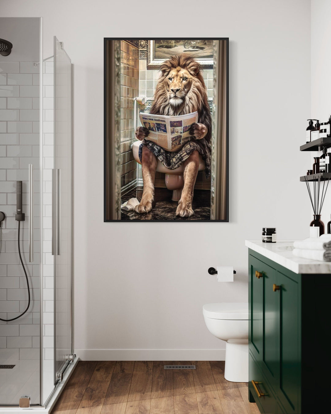 Lion Sitting on Toilet Reading Newspaper Framed Canvas Wall Art
