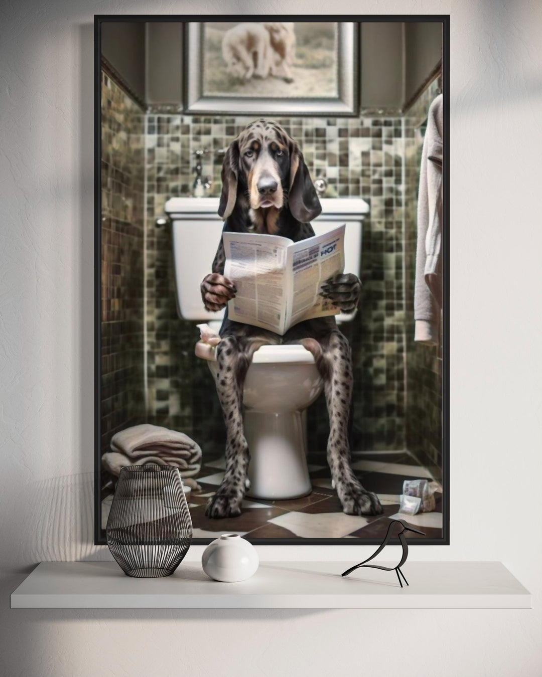 German Shorthaired Pointer On The Toilet Reading Newspaper painting