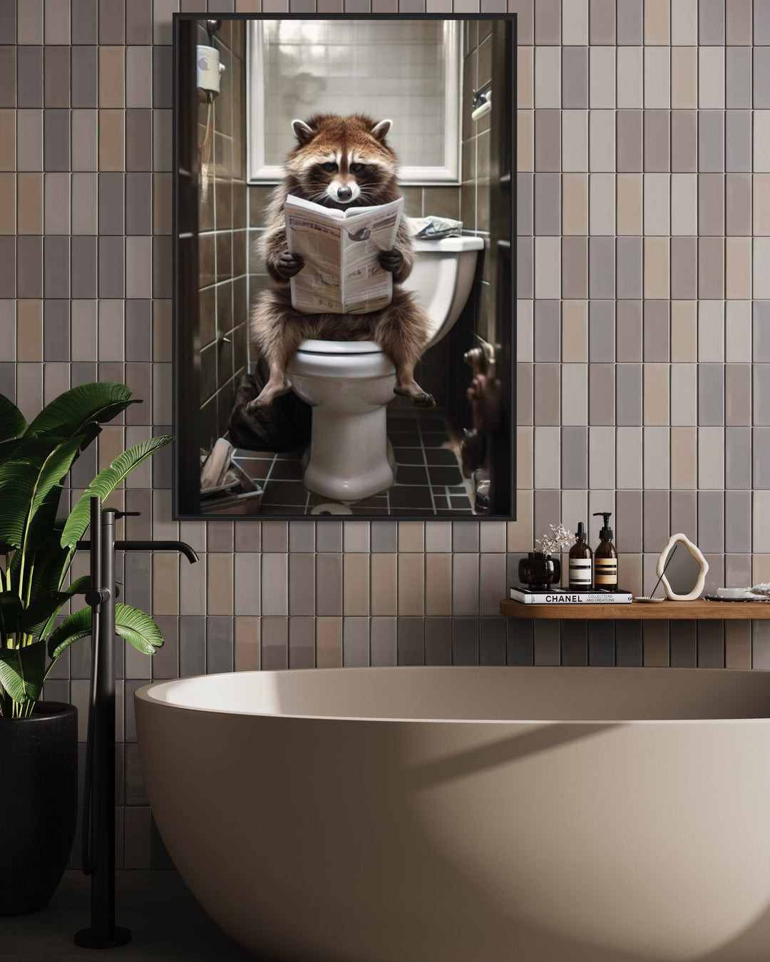 Raccoon On The Toilet Reading Newspaper Framed Canvas Wall Art above bathtub