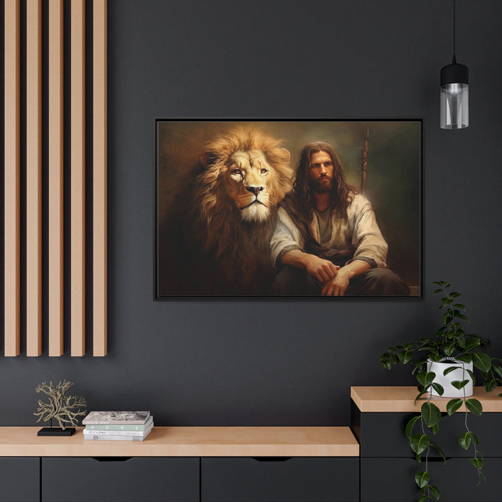 Jesus And The Lion Christian Framed Canvas Wall Art above table