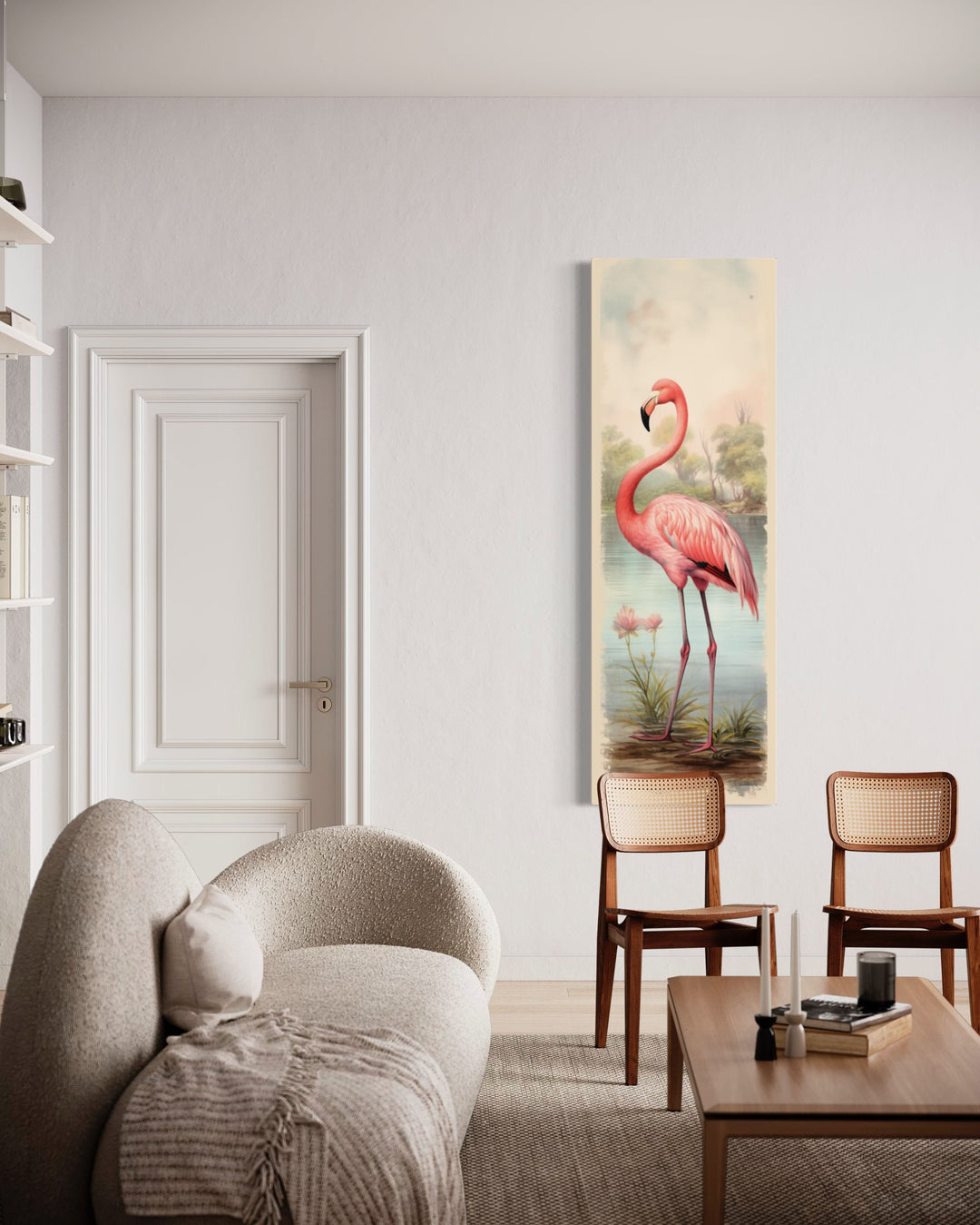 Flamingo At The Beach Narrow Vertical Framed Canvas Wall Art in living room