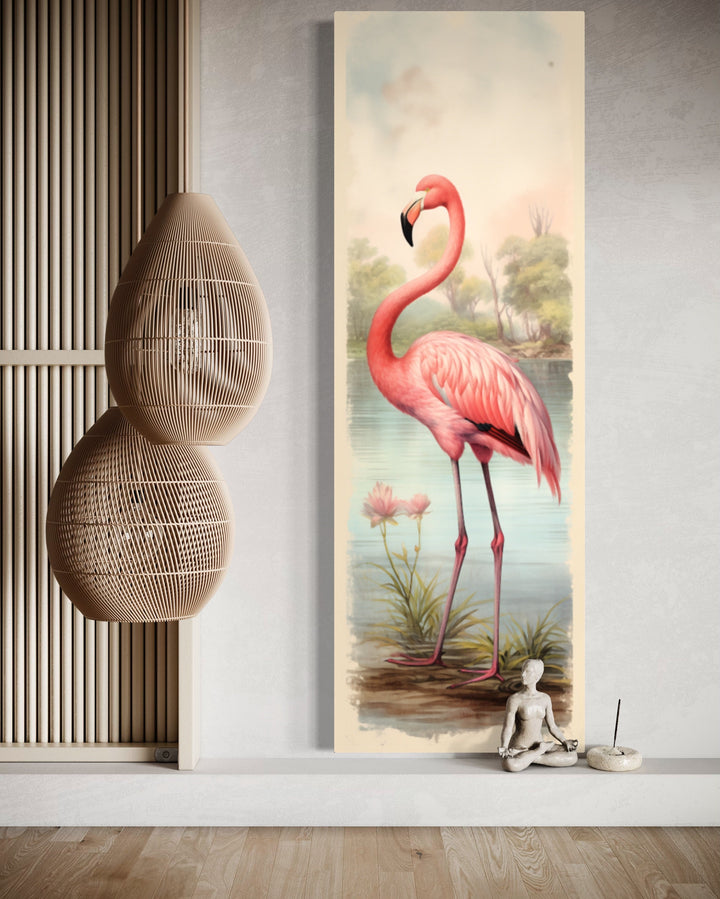 Flamingo At The Beach Narrow Vertical Framed Canvas Wall Art close up