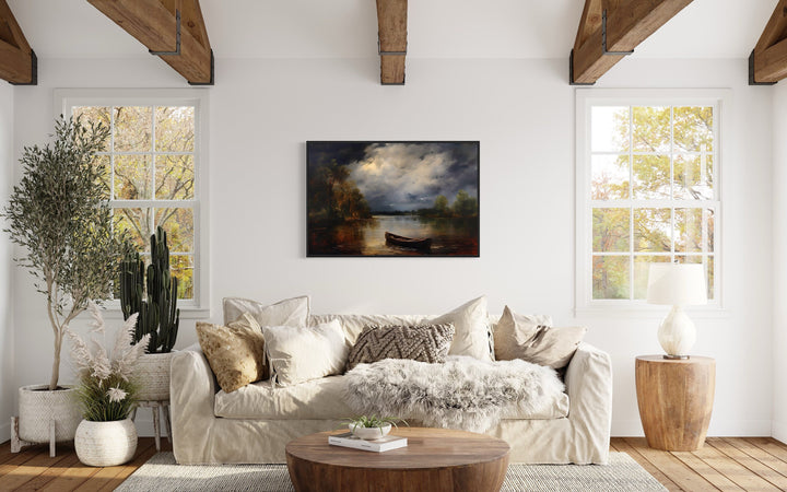 Canoe In The Lake Rustic Moody Cabin Wall Decor "Cabin Reflections" over beige couch