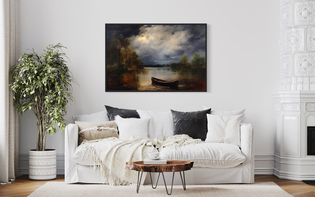 Canoe In The Lake Rustic Moody Cabin Wall Decor "Cabin Reflections" over white couch