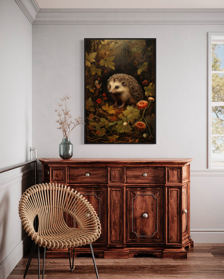 Hedgehog In The Forest Forestcore Framed Canvas Wall Art in bedroom