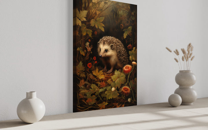 Hedgehog In The Forest Forestcore Framed Canvas Wall Art side view