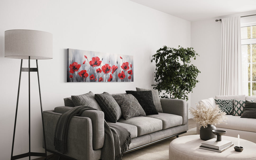 Red Poppies on Grey Background Horizontal Framed Canvas Wall Art in living room