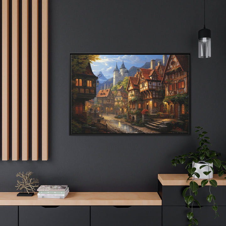 Medieval European Whimsical Village Framed Canvas Wall Art in the office