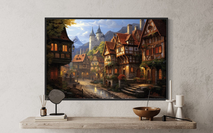 Medieval European Whimsical Village Framed Canvas Wall Art close up