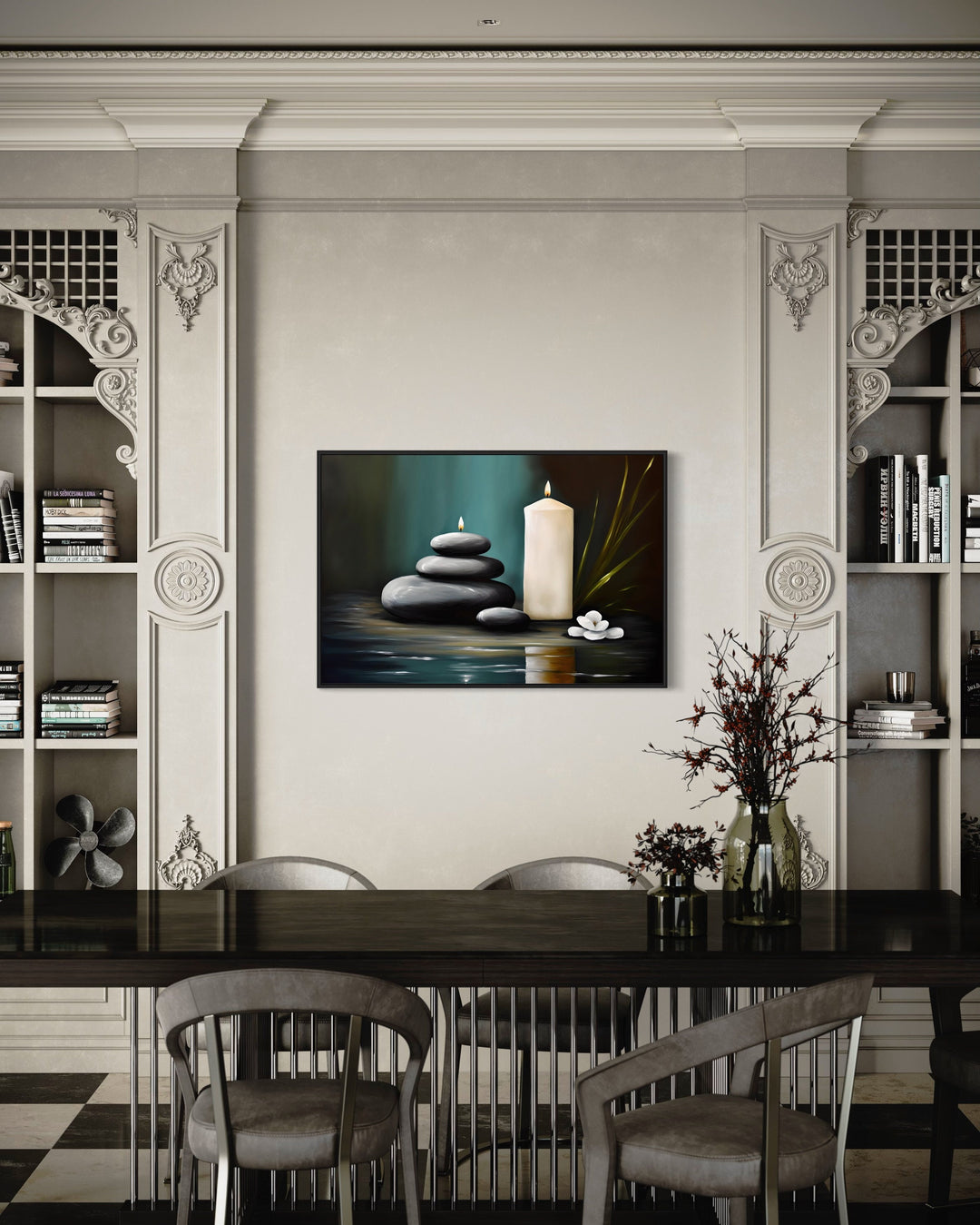 Candles And Stacked Rocks Zen Framed Canvas Wall Art in dining room