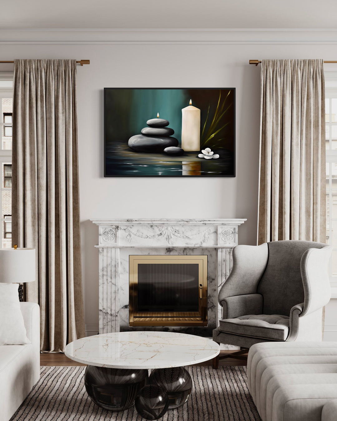 Candles And Stacked Rocks Zen Framed Canvas Wall Art above fireplace