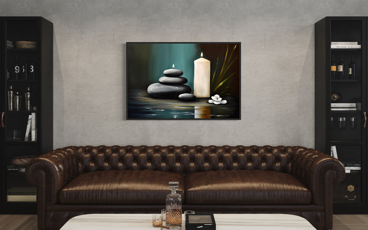 Candles And Stacked Rocks Zen Framed Canvas Wall Art in living room