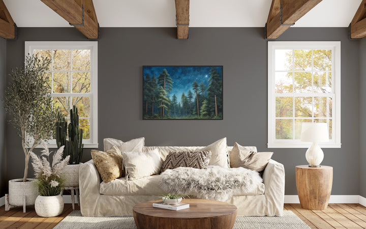 Pine Tree Forest At Night Starry Sky Framed Canvas Wall Art in living room