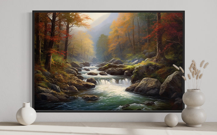 Mountain River Forest Landscape Nature Framed Canvas Wall Art close up