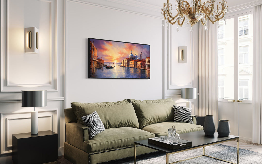 Venice Grand Canal At Sunset Framed Canvas Wall Art above green couch