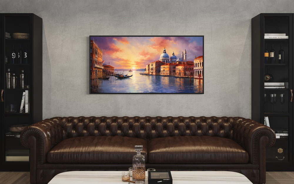 Venice Grand Canal At Sunset Framed Canvas Wall Art above brown couch