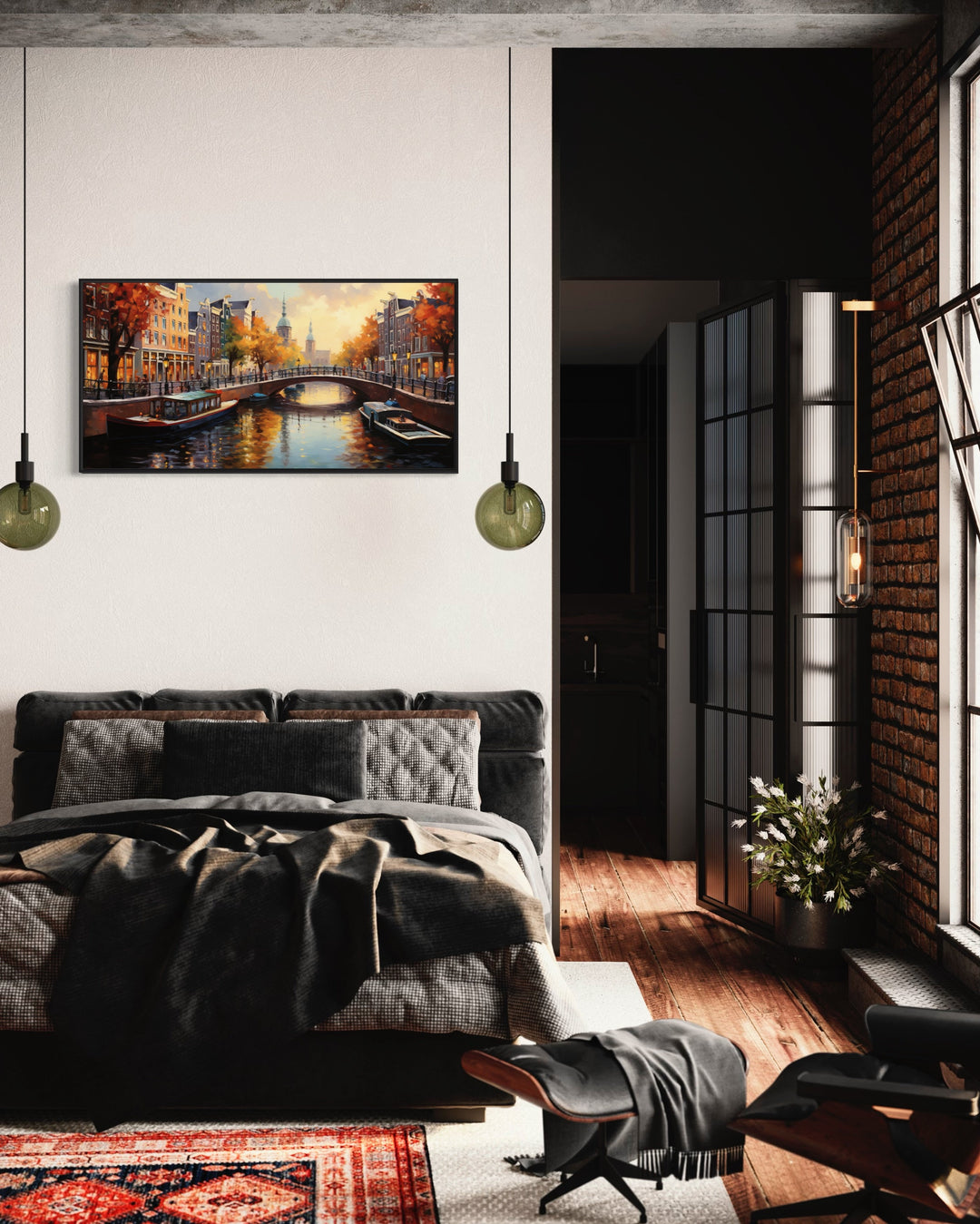 Amsterdam Canal Painting Canvas Wall Art in a bedroom with a large bed